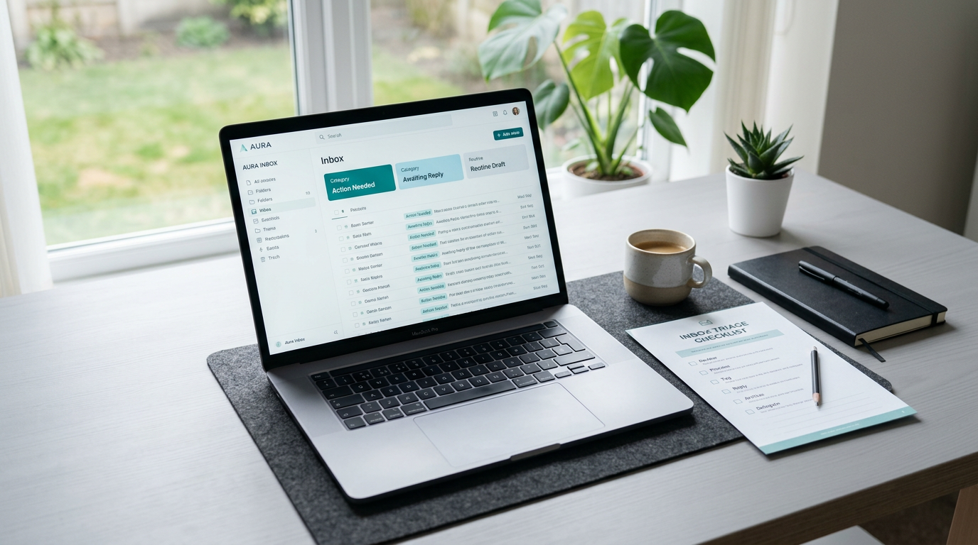 Preview of the Replywise AI Inbox Reset Kit on a laptop with a printed triage worksheet