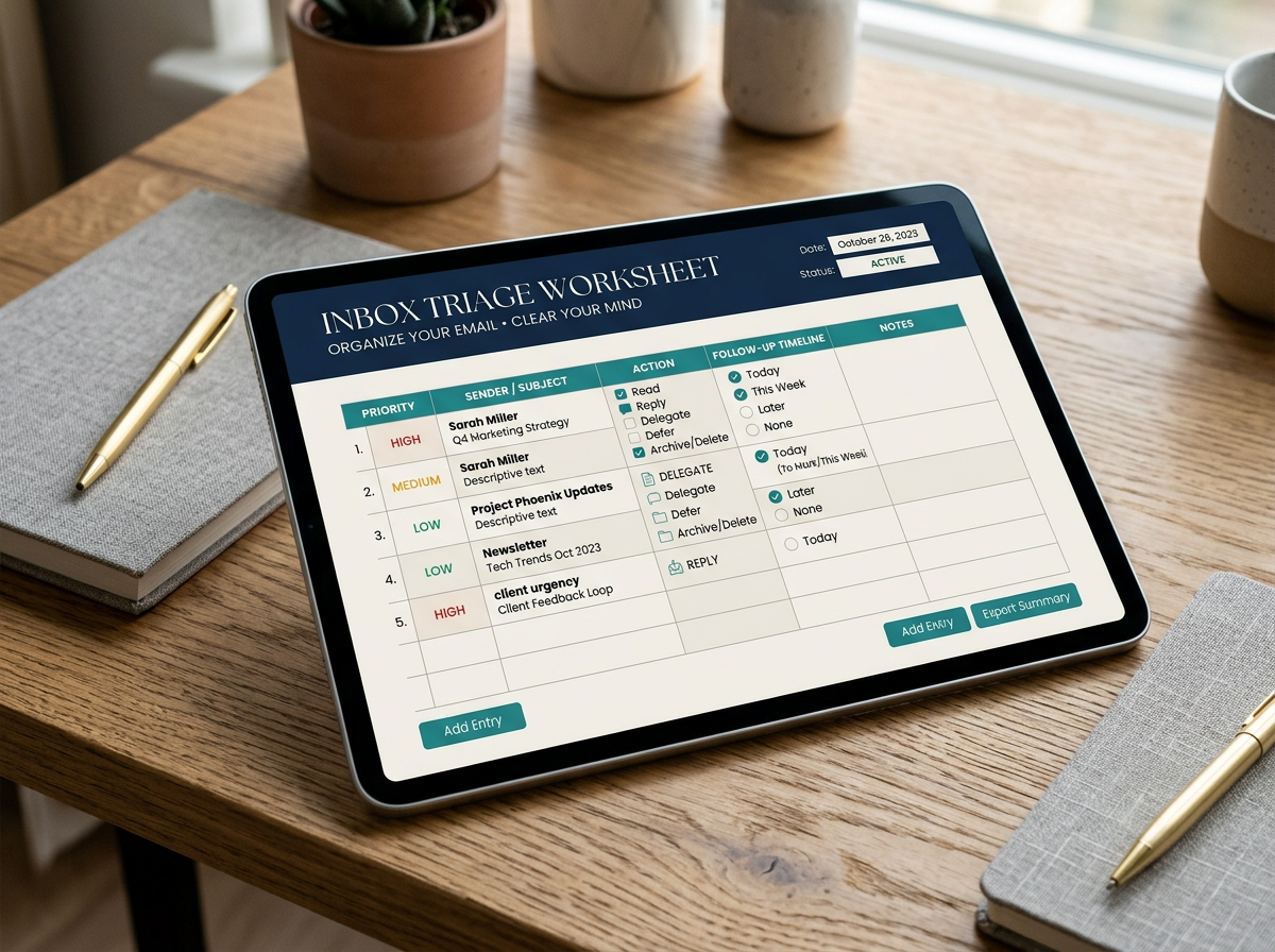 Inbox triage worksheet mockup